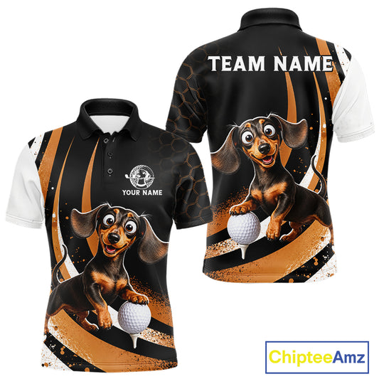 Front and back views of a custom short-sleeve polo shirt featuring a cartoon dachshund golf ball player design on a black, white, and orange background. The front shows a polo collar, button placket, and placeholder text 'YOUR NAME' and 'TEAM NAME' on the back.