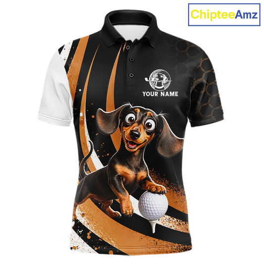 A custom printed short-sleeve polo shirt featuring a dachshund dog graphic on a black and gold patterned background, with a white sleeve and a customizable name print on the chest. A 'ChipteeAmz' logo is visible in the top right corner.