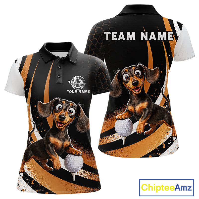 Customizable black and orange dachshund golf polo shirt shown from both front and back views, featuring a cartoon dachshund holding a golf ball, with placeholder text 'TEAM NAME' and 'YOUR PERSONALIZE' on the back and front chest.