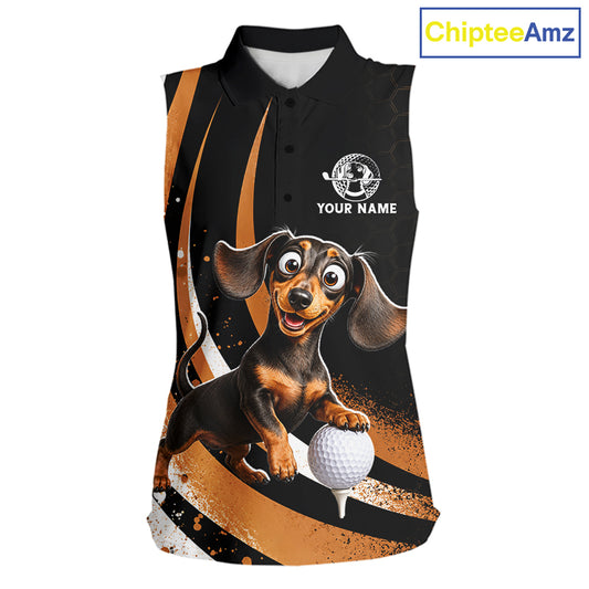 A sleeveless black polo shirt with a cartoon dachshund playing golf, featuring gold and black abstract stripes, a white polo collar, and a customizable name print on the chest. A 'ChipteeAmz' logo is visible in the top right corner.