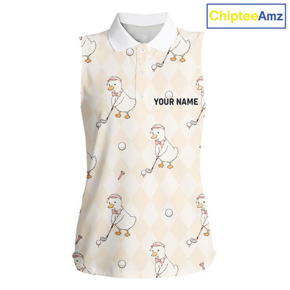 Personalized Argyle Funny Duck Pattern Womens Sleeveless Golf Polo Shirt - Custom Golf Team Gift