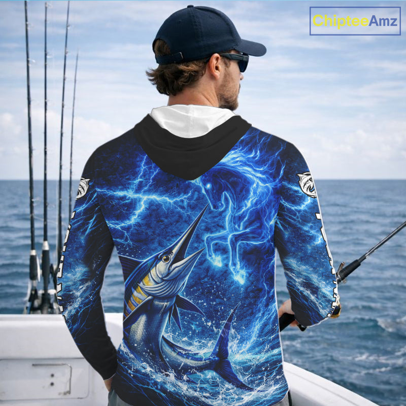Marlin & Blue Thunder Horse Fishing Shirt Long Sleeve Hooded, Marlin Fishing Shirt For Men NHT450