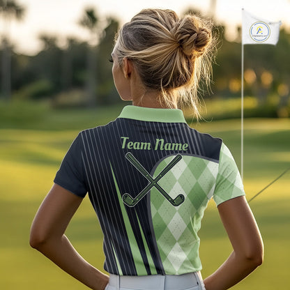 Womens Golf Polo Shirt Green Black Argyle Plaid Golf Pattern Custom, Womens Shirt Golf Tops NHT667