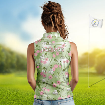Floral Golf Womens Sleeveless Polo Shirt Personalized Gingham Golf Shirt Custom Name Cute Golf Outfit Golf Gift NHT688