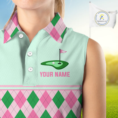 Pink Argyle Golf Polo Shirt Personalized Womens Sleeveless Golf Shirt Cute Preppy Golf Outfit Custom Name, Familly Team Shirts NHT691