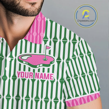 Funny Pink Green Geometric Polo Golf Shirt, Retro Style Performance Golf Top For Family Team Shirt NHT692