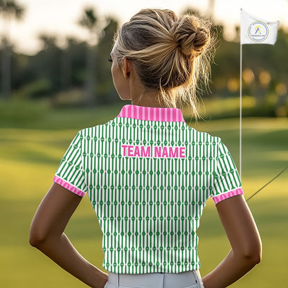 Funny Pink Green Geometric Womens Polo Golf Shirt, Retro Style Performance Golf Top For Family Team Shirt  NHT692