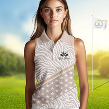 Load image into Gallery viewer, Custom Womens Sleeveless Golf Polo Shirt, Personalized Team Name Golf Jersey, Elegant Beige Zebra And Stars Pattern NHT694