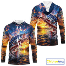 Load image into Gallery viewer, American Flag Bass Fishing Jersey – Patriotic Sunset Lake Angler Long Sleeve Hooded  For Men