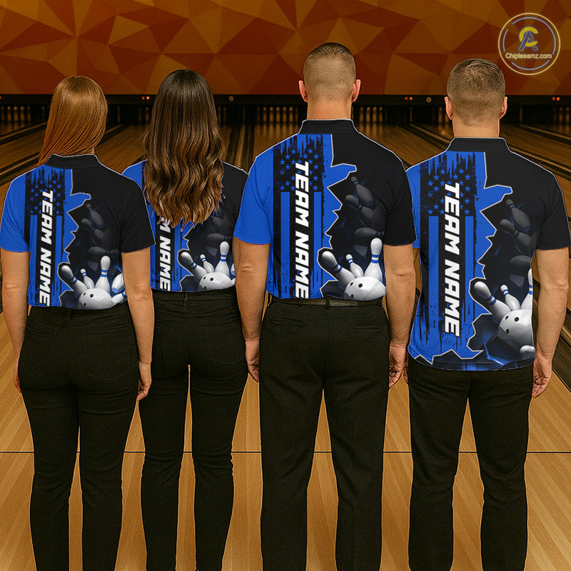 Women's Custom Bowling Tournament Polo Shirt & 1/4 Zip – Personalized Team Bowling Jersey| Blue NHT1196