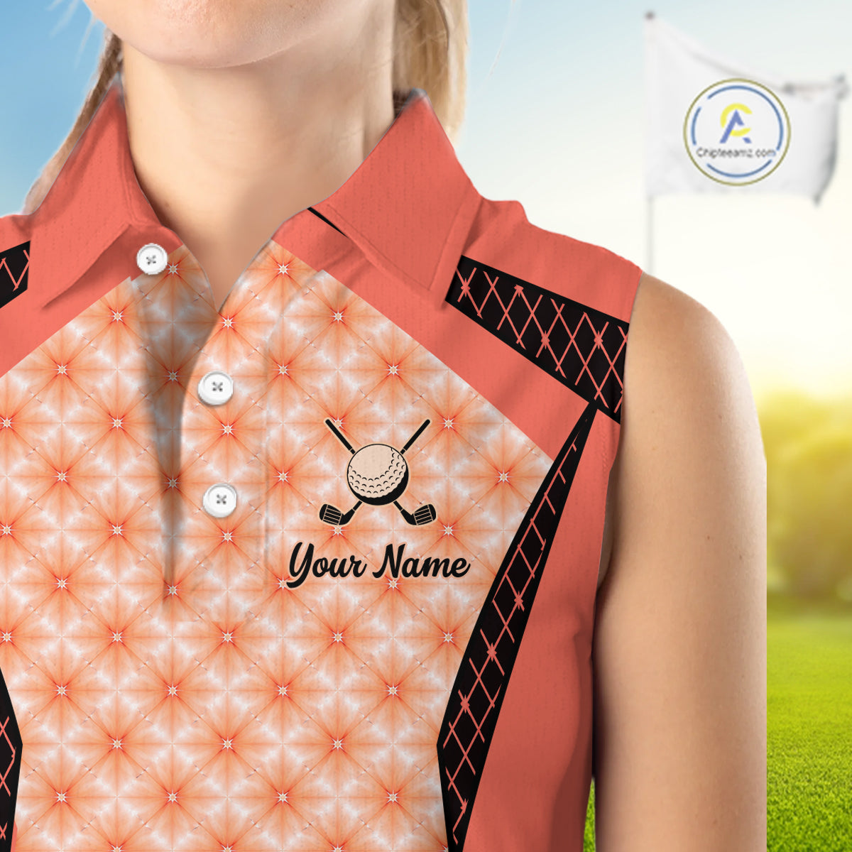 Custom Womens Sleeveless Coral Golf Polo, Personalized Geometric Pattern Golf Shirt With Name, Pink Golf Jersey NHT701
