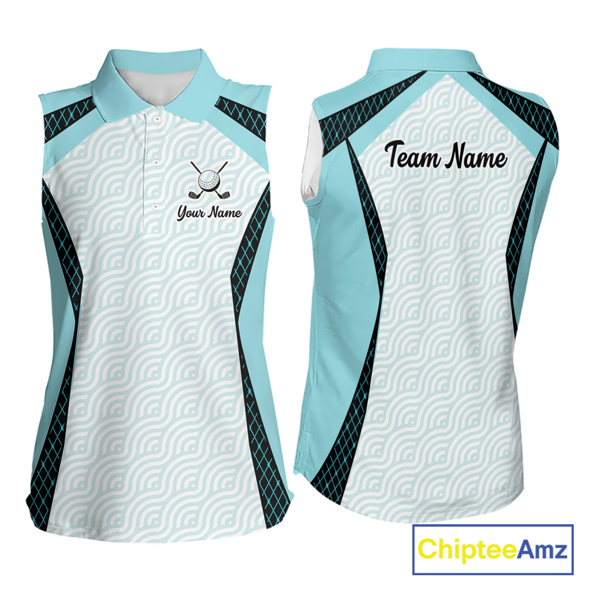 Personalized Aqua Sea Wave Golf Shirt With Name, Elegant Women's Sportswear, Stylish Womens Sleeveless Golf Jersey NHT704