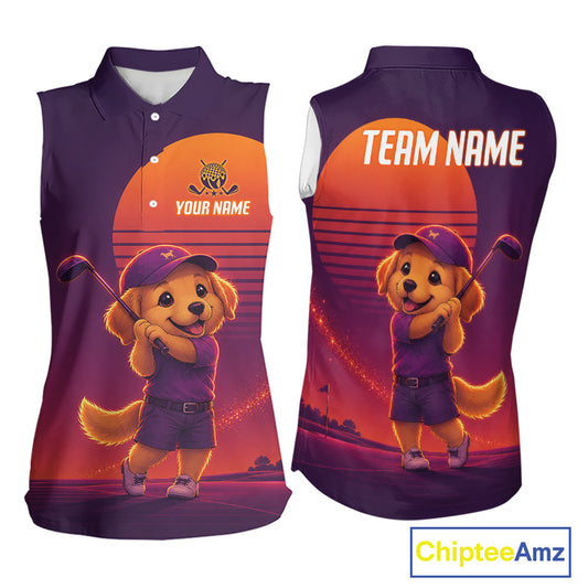 Personalized Golden Retriever Dog Golf Shirt - Retro Sunset Womens Sleeveless Golf Polo Shirt 