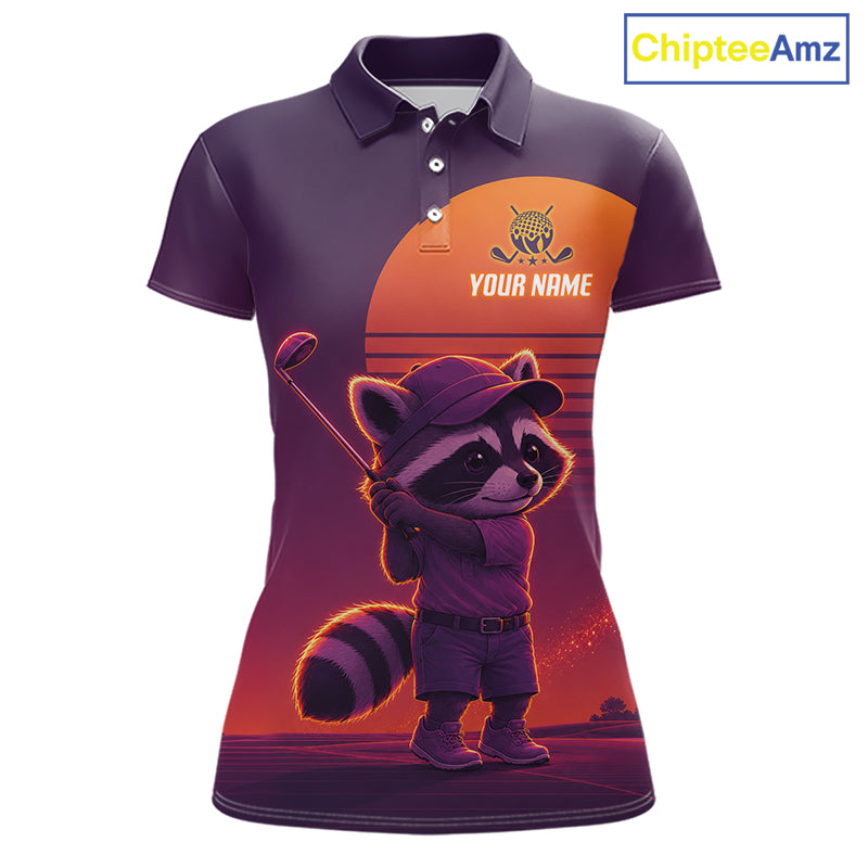 Personalized Raccoon Golf Shirt - Retro Sunset Womens Golf Polo Shirt