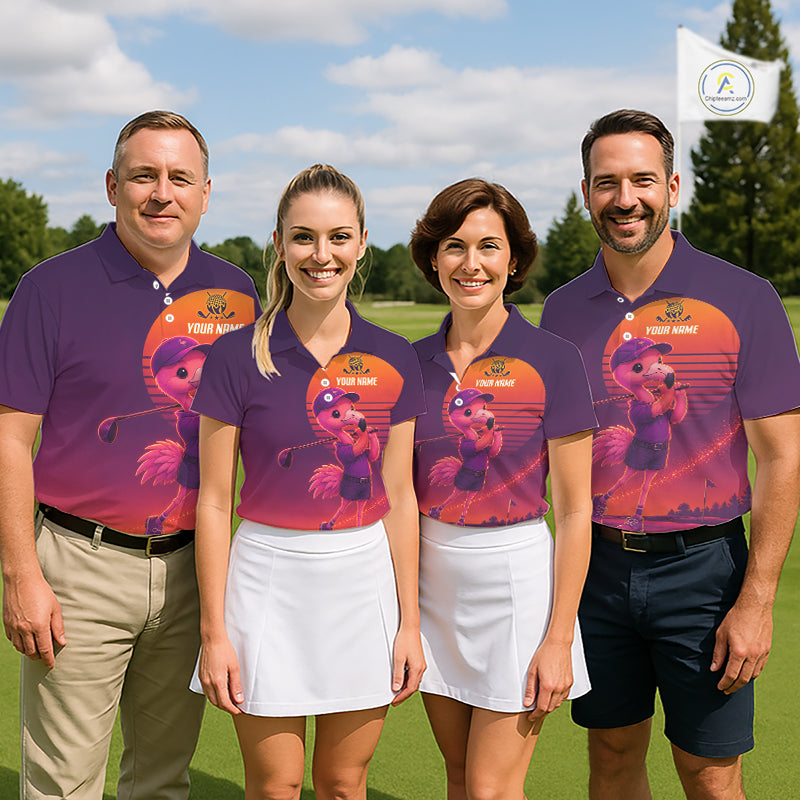 Personalized Flamingo Golf Shirt - Retro Sunset Golf Polo Shirt For Men NHT1039