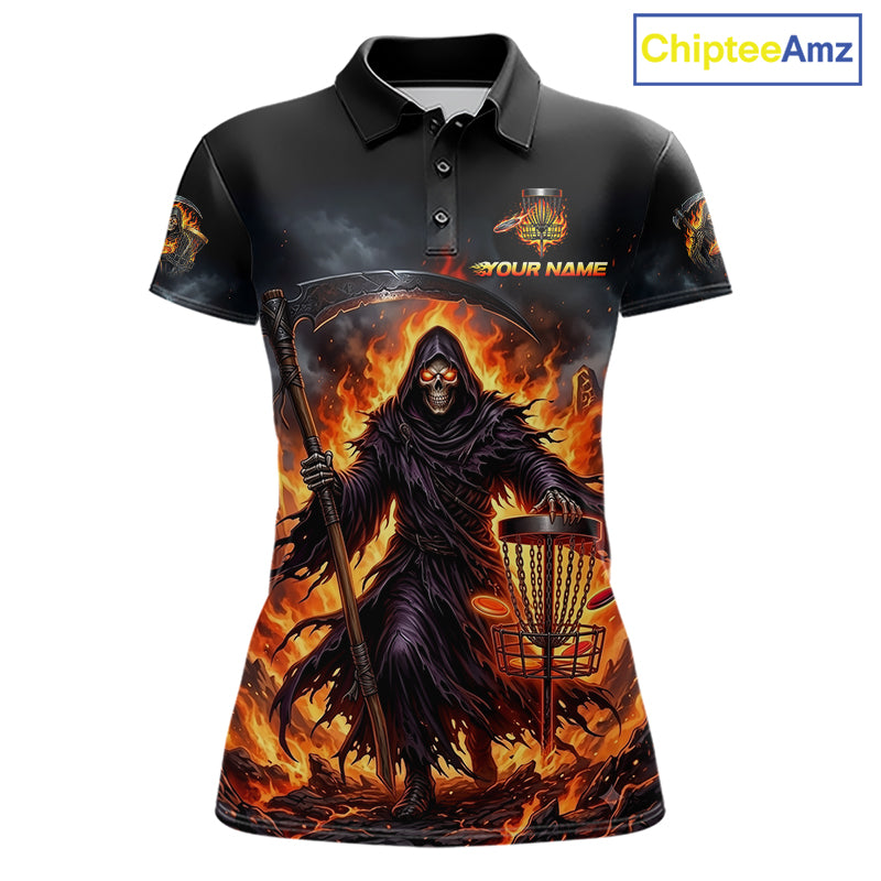Personalized womens disc golf polo shirt, flaming grim reaper death graphic 3D printed jersey, front view.