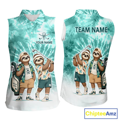 Funny Sloth Sleeveless Womens Golf Polo Shirt  –  Blue Tie Dye Custom Name Golf Shirt, Golf Gift NHT880