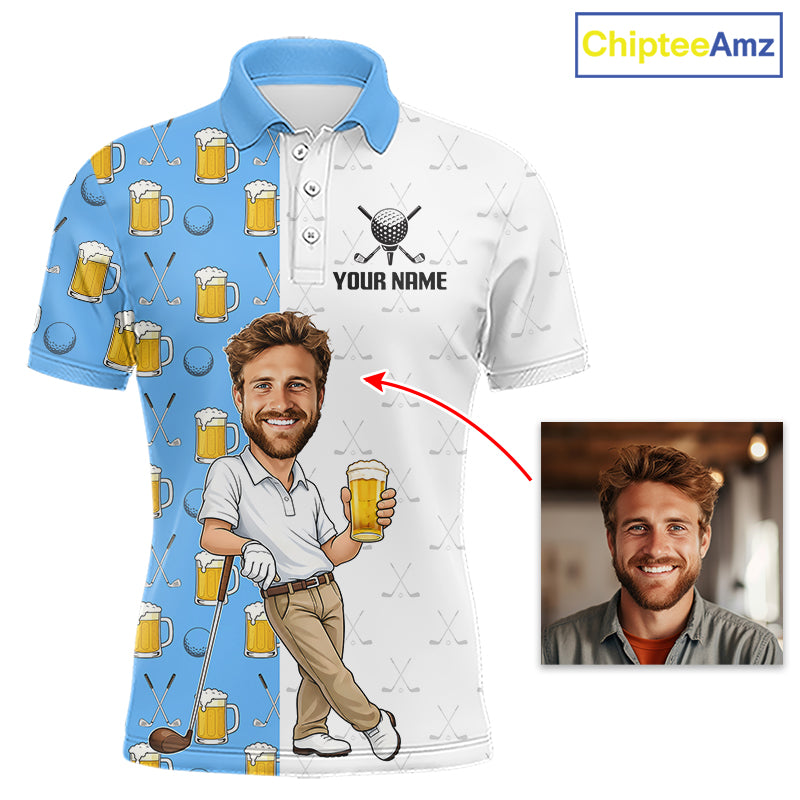 Custom Golf Polo With Face Funny Golfer Beer Lover Gift For Men|Blue 