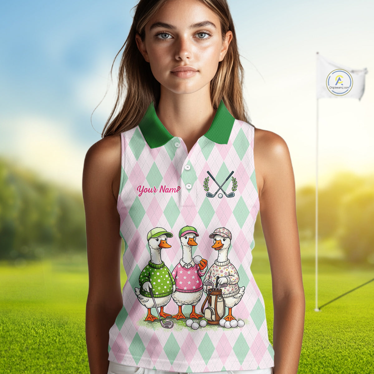 The Duck Family Golf Team – Personalized Matching Argyle Pattern Womens Sleeveless Polos Golf Shirt NHT723