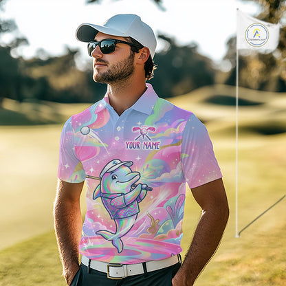 Funny Pastel Dolphin Mens Golf Polo Shirt Custom Ocean Golf Shirt, Polo Gift For Golf Lovers NHT897