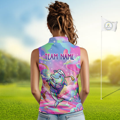 Funny Pastel Dolphin Womens Sleeveless Golf Polo Shirt Custom Ocean Golf Shirt, Polo Gift For Golf Lovers NHT897