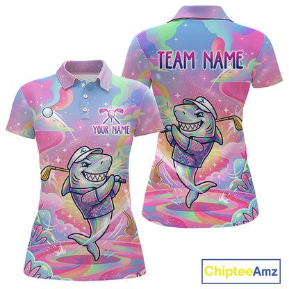 Funny Pastel Shark Womens Golf Polo Shirt Custom Ocean Golf Shirt, Polo Gift For Golf Lovers NHT898
