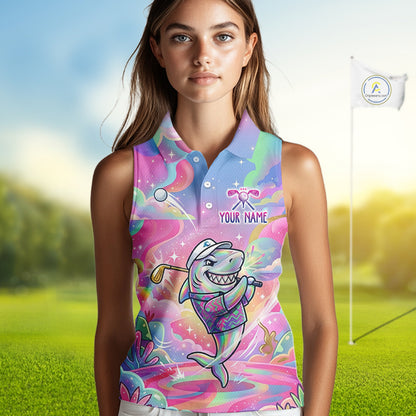 Funny Pastel Shark Womens Sleeveless Golf Polo Shirt Custom Ocean Golf Shirt, Polo Gift For Golf Lovers NHT898