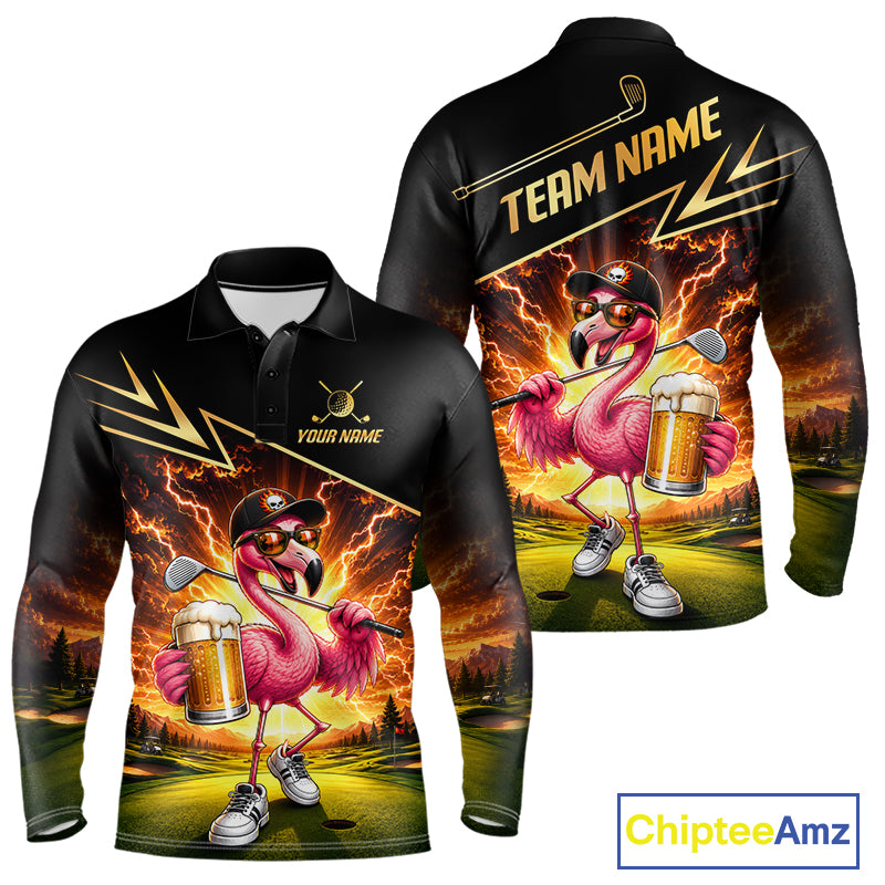 Funny Flamingo Mens Golf Polo Shirts Custom Golf And Beer Golf Apparel For Golfer NHT900