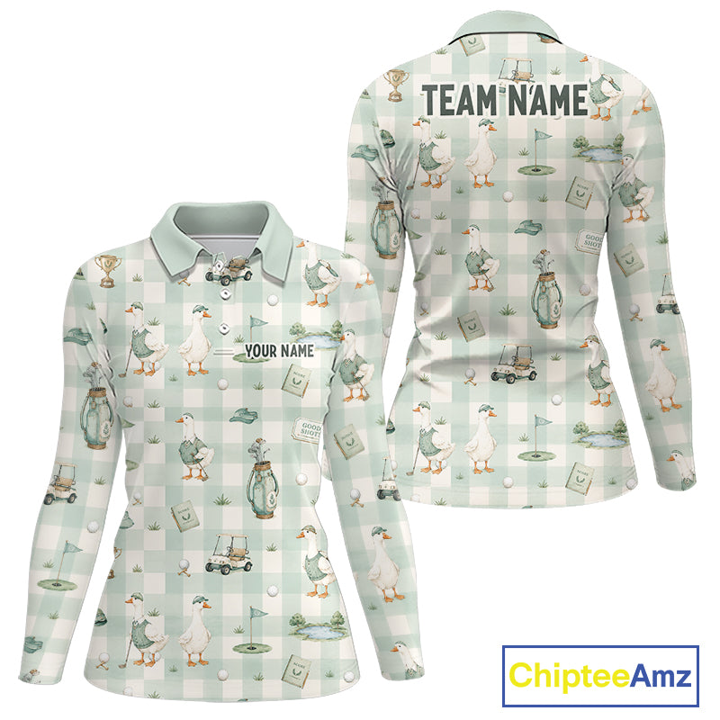 Front and back views of a long-sleeve polo shirt featuring a golf-themed duck print on a pale green and white gingham background. The front has placeholder text for personalization, and the back has 'TEAM_NAME' printed across the shoulders.