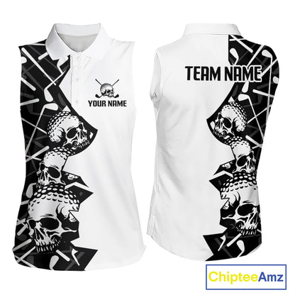 Custom Skull Womens Sleeveless Golf Polo Shirt Personalized Name, Golf Team Polo Jersey| Black 