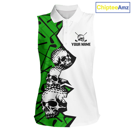 Custom Skull Womens Sleeveless Golf Polo Shirt Personalized Name, Golf Team Polo Jersey| Green 
