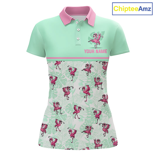 A women's short-sleeve polo shirt with a mint green and pink color-blocked design. The upper portion is solid mint green with a pink collar, while the lower portion features a tropical monstera leaf pattern with pink flamingos.