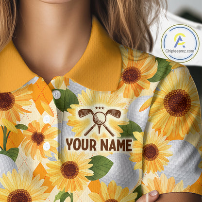 Personalized Sunflower Womens Golf Polo Shirt Custom Name Floral Golf Polo For Women 
