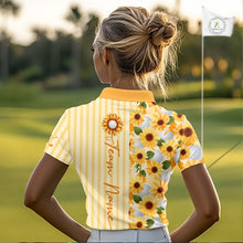 Load image into Gallery viewer, Woman wearing a sunflower-themed golf shirt on a golf course