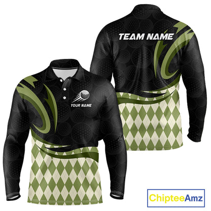 Personalized Mens Golf Polo Shirt Custom Name, Black Green Argyle Golf Team Polo NHT1074