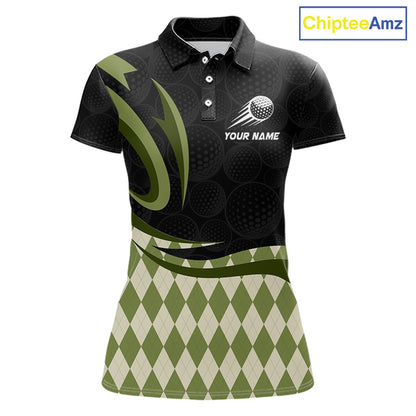 Personalized Womens Golf Polo Shirt Custom Name, Black Green Argyle Golf Team Polo 