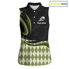 Load image into Gallery viewer, Personalized Womens Sleeveless Golf Polo Shirt Custom Name, Black Green Argyle Golf Team Polo 