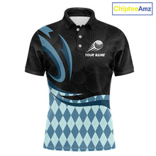 Load image into Gallery viewer, Personalized Mens Golf Polo Shirt Custom Name, Black Blue Argyle Golf Team Polo 
