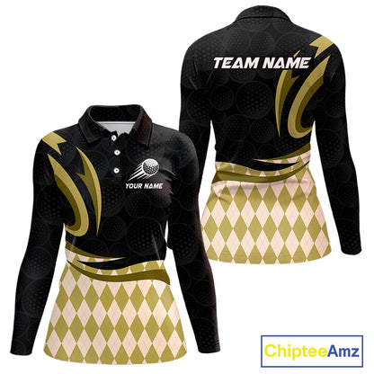 Personalized Womens Golf Polo Shirt Custom Name, Black Yellow Argyle Golf Team Polo 