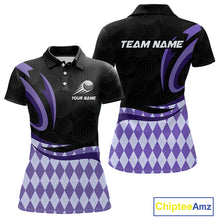 Load image into Gallery viewer, Personalized Womens Golf Polo Shirt Custom Name, Black Purple Argyle Golf Team Polo 