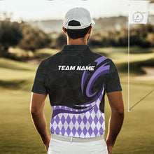 Load image into Gallery viewer, Personalized Mens Golf Polo Shirt Custom Name, Black Purple Argyle Golf Team Polo 