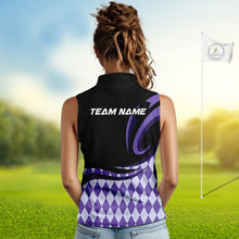 Load image into Gallery viewer, Personalized Womens Sleeveless Golf Polo Shirt Custom Name, Black Purple Argyle Golf Team Polo 