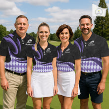 Load image into Gallery viewer, Personalized Womens Golf Polo Shirt Custom Name, Black Purple Argyle Golf Team Polo NHT1077