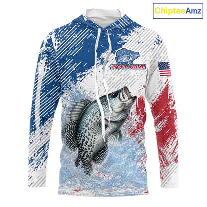 Custom Patriotic American Flag Crappie Fishing Shirts Long Sleeve Hooded, Fishing Tournament Jerseys NHT550