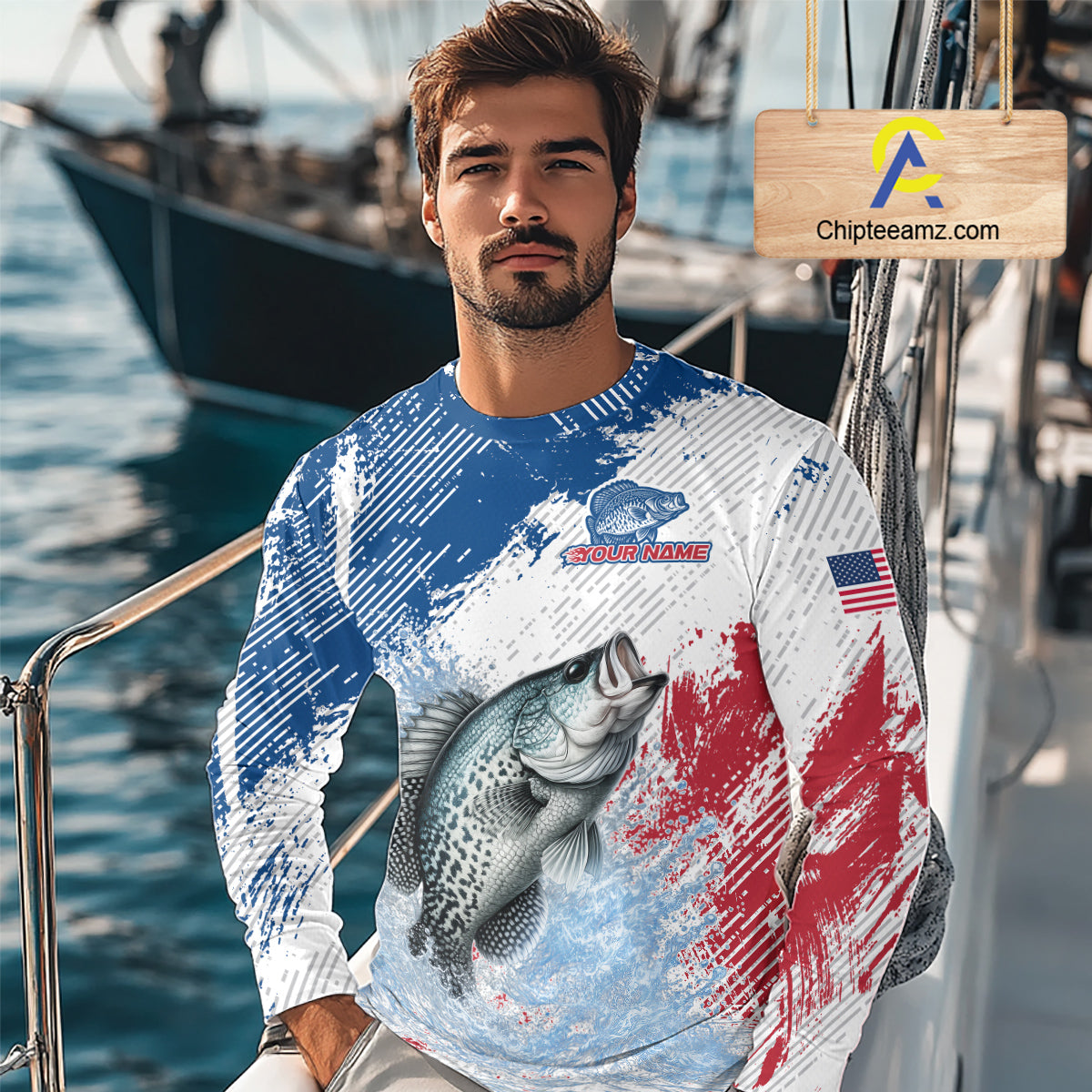 Custom Patriotic American Flag Crappie Fishing Shirts Long Sleeve, Fishing Tournament Jerseys NHT550