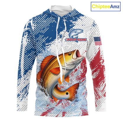 Custom Patriotic American Flag Redfish Fishing Shirts Long Sleeve Hooded, Fishing Tournament Jerseys NHT551