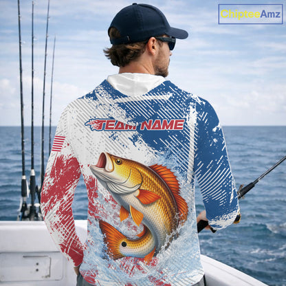 Custom Patriotic American Flag Redfish Fishing Shirts Long Sleeve Hooded, Fishing Tournament Jerseys NHT551