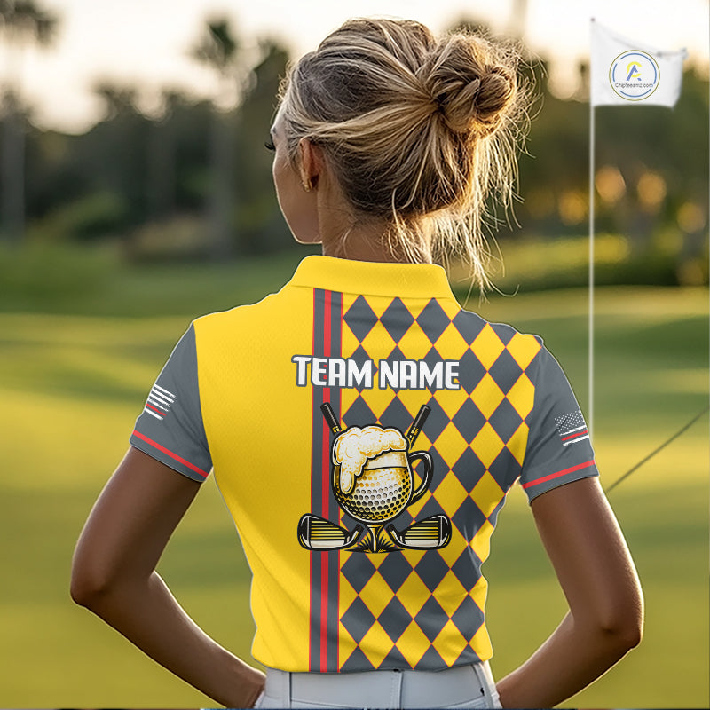 Personalized Womens Golf Polo Shirt Beer And Golf Ball Graphic Custom Team Name Golf Jersey|Yellow 