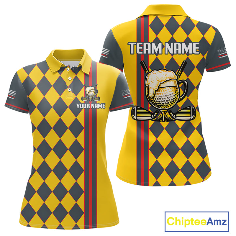Personalized Womens Golf Polo Shirt Beer And Golf Ball Graphic Custom Team Name Golf Jersey|Yellow 