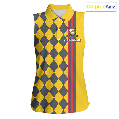 Personalized Womens Sleeveless Golf Polo Shirt Beer And Golf Ball Graphic Custom Team Name Golf Jersey|Yellow 